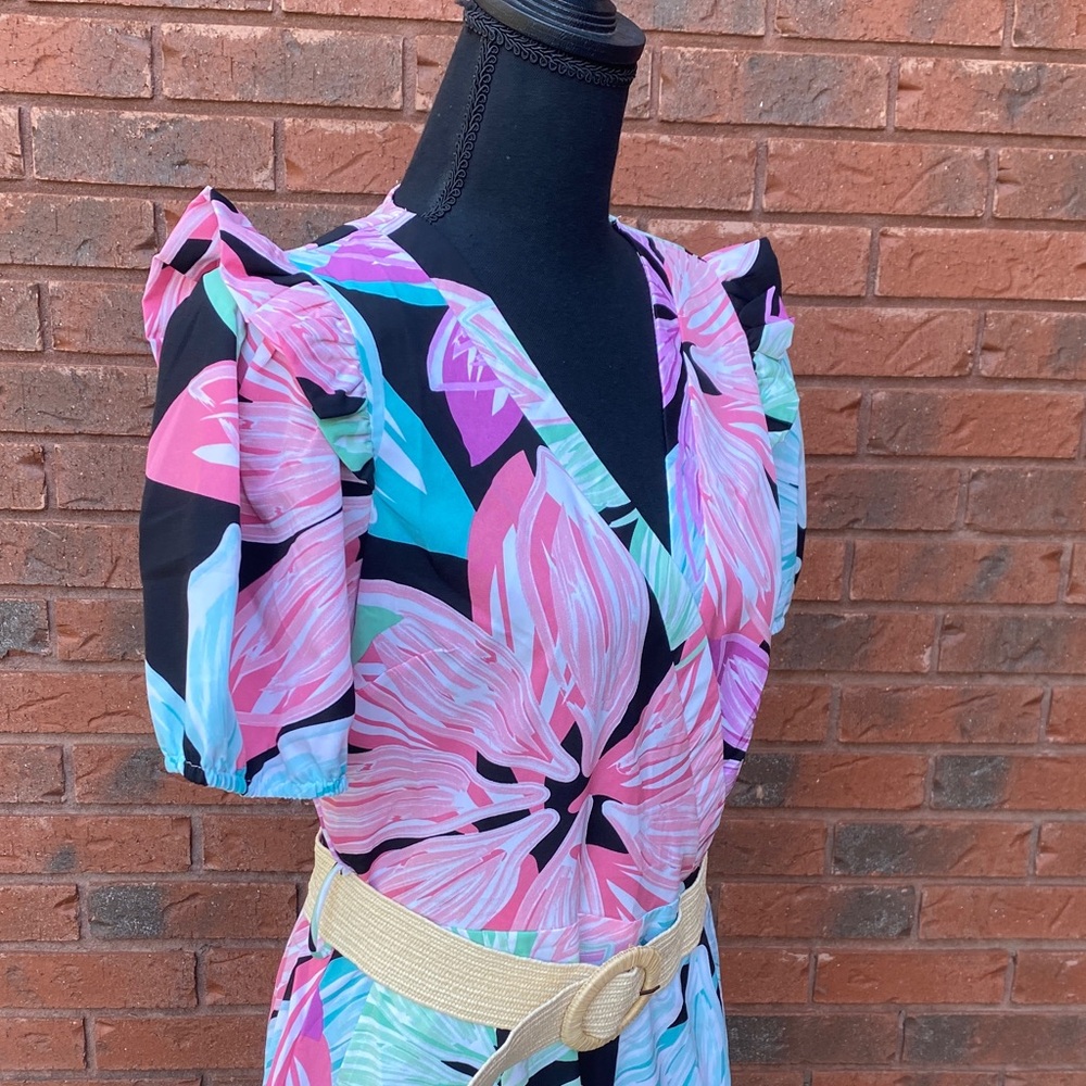NWT Floral Wrap Romper in Pink, Aqua & Black L - Picture 10 of 14